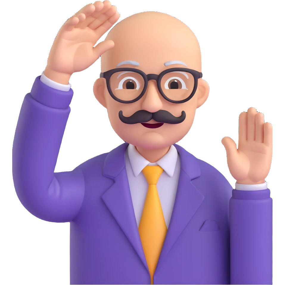 Add glasses to the older bald man with mustache raising his hand, keeping the 3D emoji style with no background as in the reference image. emoji