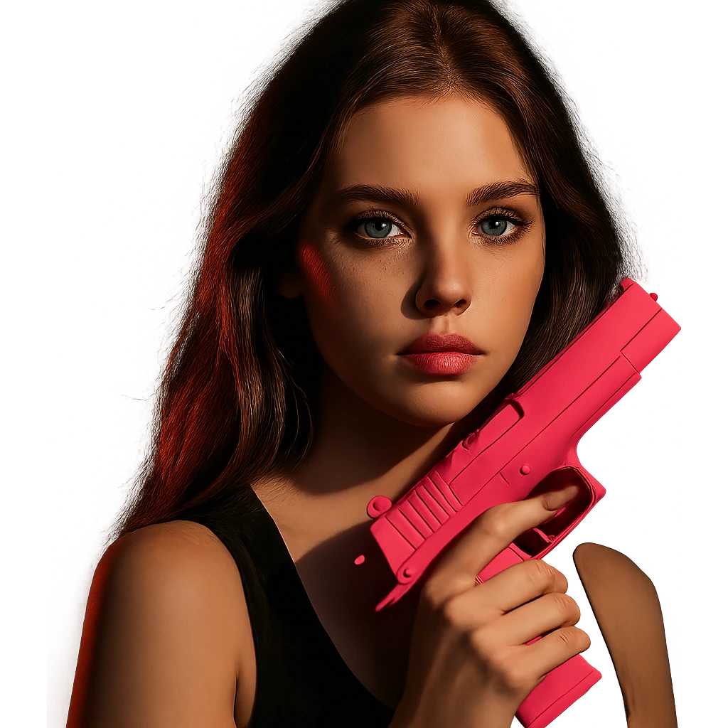 white girl with blue eyes, pink nails, holding a pink gun, dramatic lighting emoji