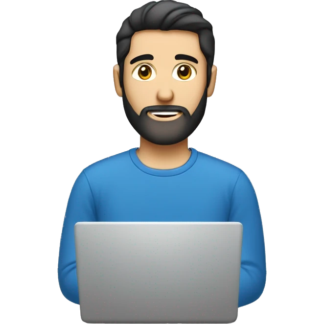 white guy with beard black hair up thin face wearing blue t-shirt using in laptop  emoji