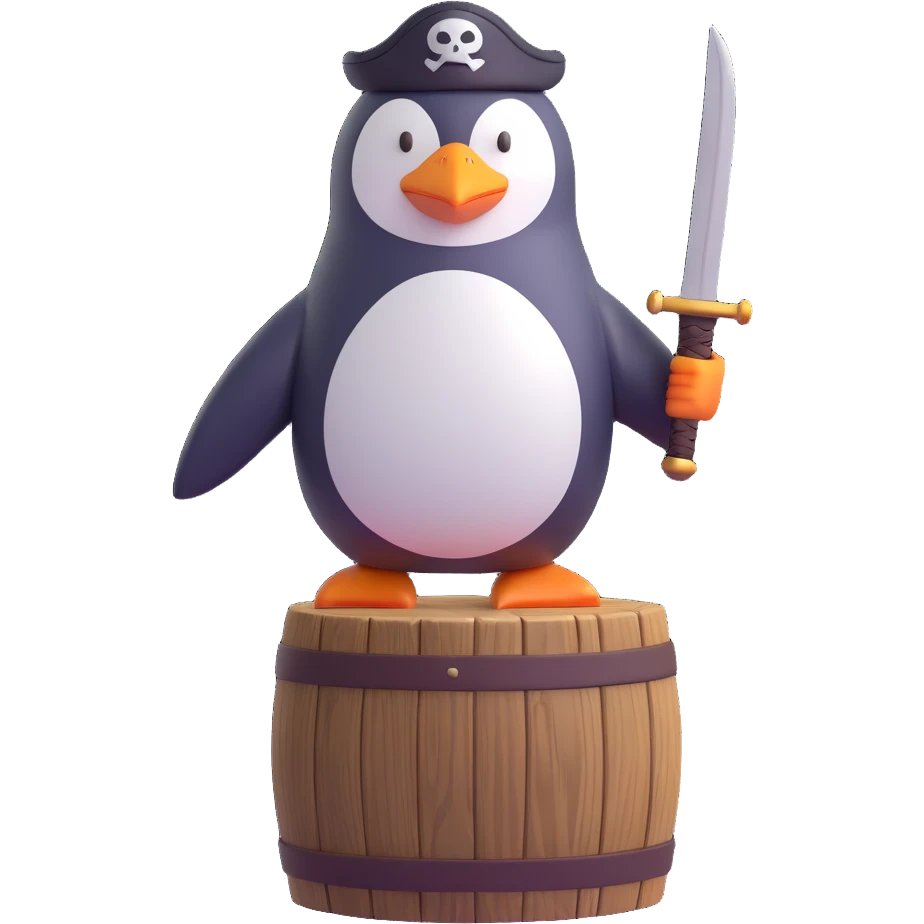 a penguin pirate standing on a wooden barrel, with a sword emoji