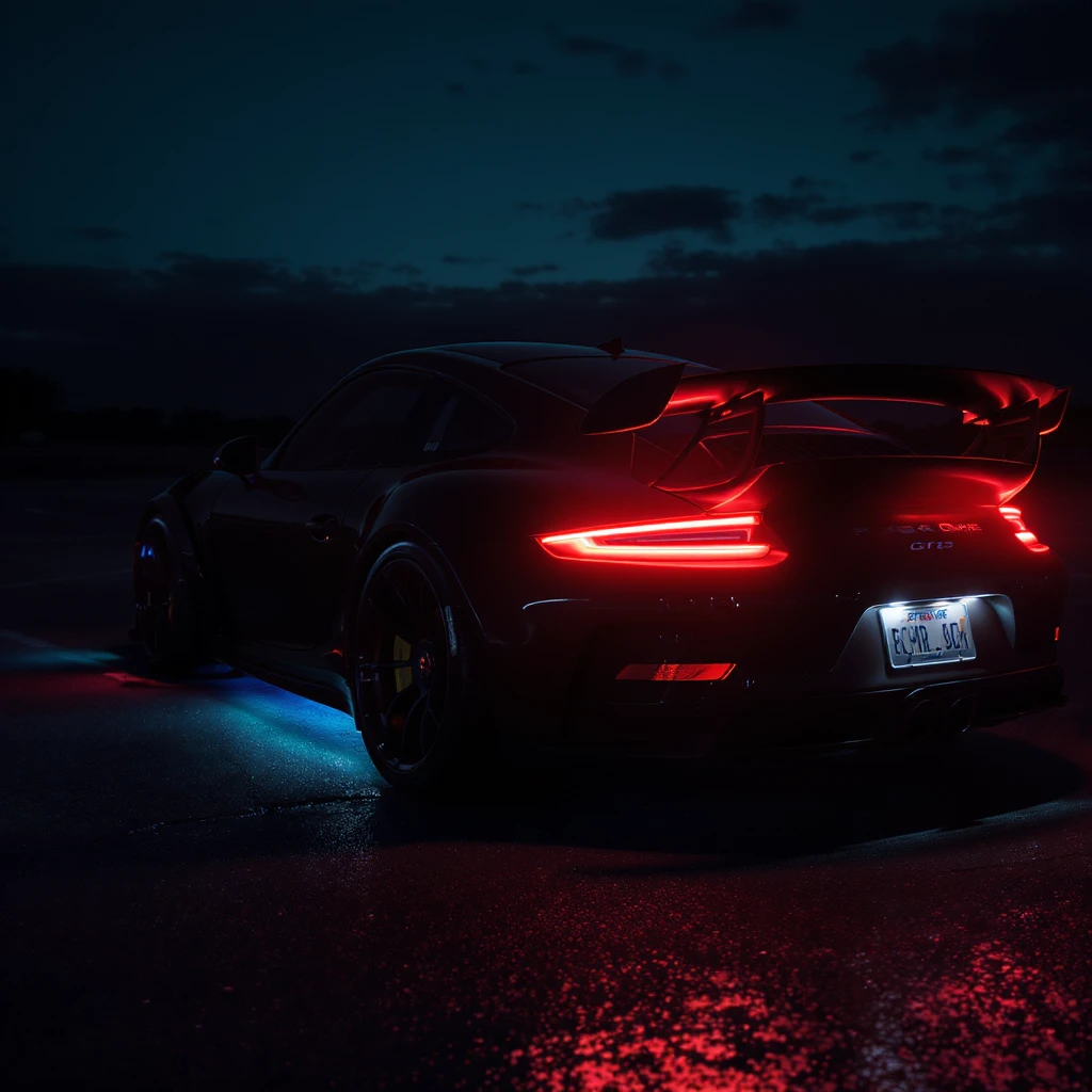 Cinematic still of a porsche 911, gt3 rs night photo, red lights and blue bright night  emoji