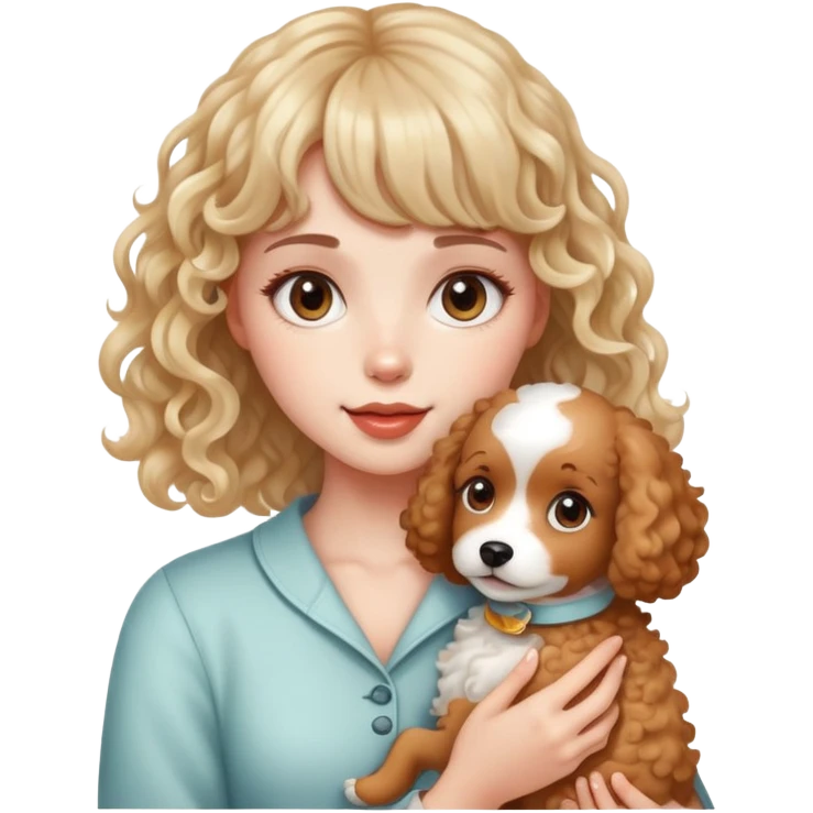 A beautiful girl with bangs holding a light-colored curly dog emoji
