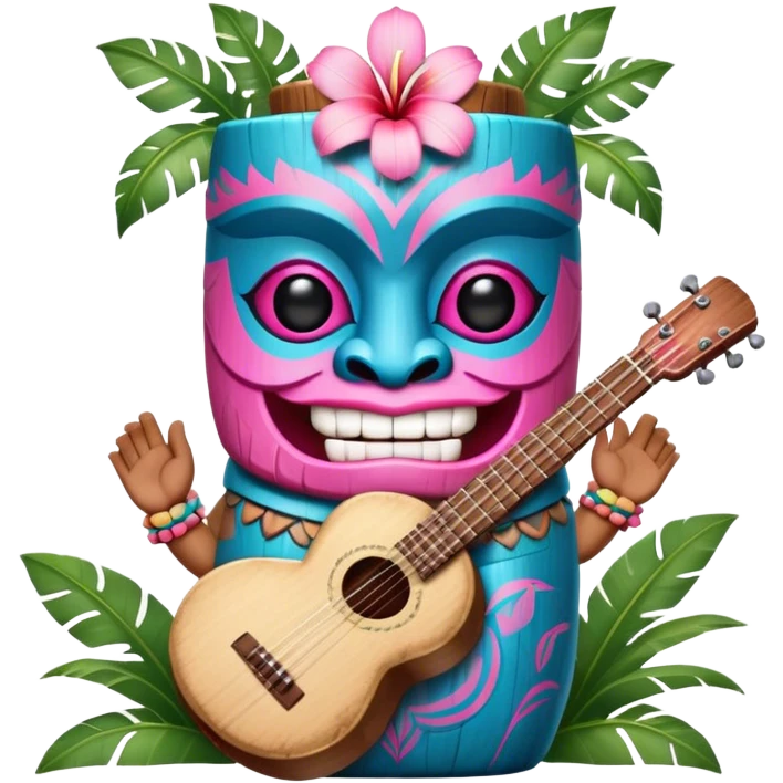 Pixar style little Blue and pink tiki singing with bongos and tropical flowers, ultra detailed and lifelike imagery, realistic emoji