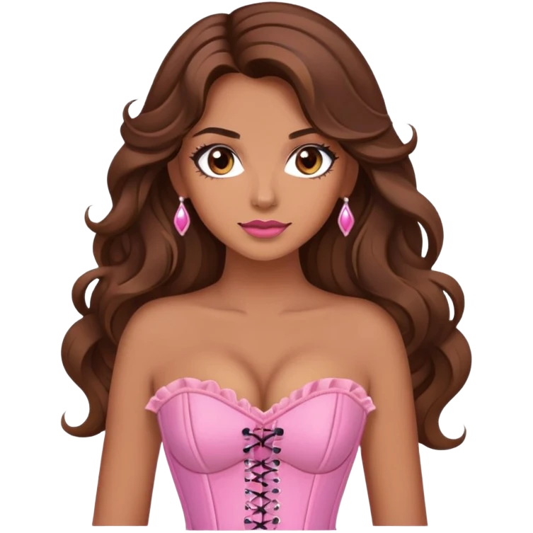 Une femme à la peau mat et aux cheveux long, châtain et ondulé. Elle a les yeux marron et elle est maquiller, elle porte un corset rose.  emoji