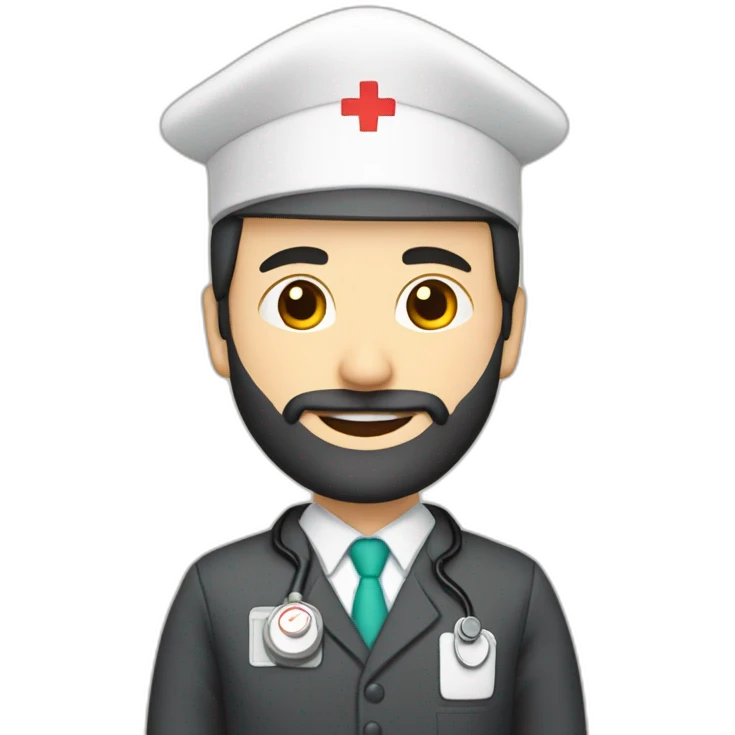 husband middle age trimmed beard dark business suit, with wife asian age 55 dark hair nurse uniform nurse cap emoji