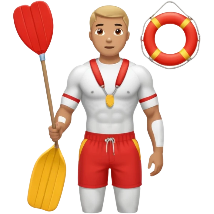 Male lifeguard – red shorts, whistle around neck, holding rescue float, full body emoji