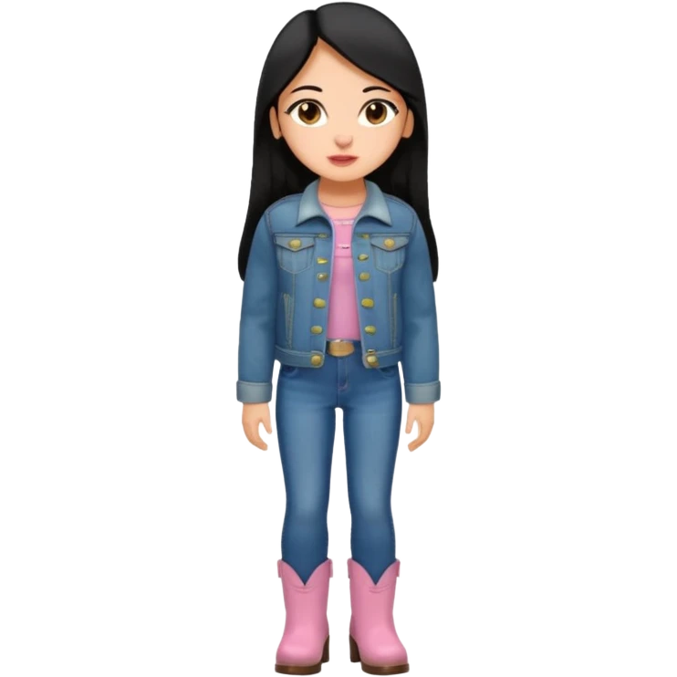 Gordita, ojos pequeños de color cafe oscuro, labios pequeños y rosados, piel trigueña, orejas pequeñas, cabello largo lazio y negro, pequeña. cuerpo completo. vestida con saco de lana jean y botas color café. No le pongas orejas emoji