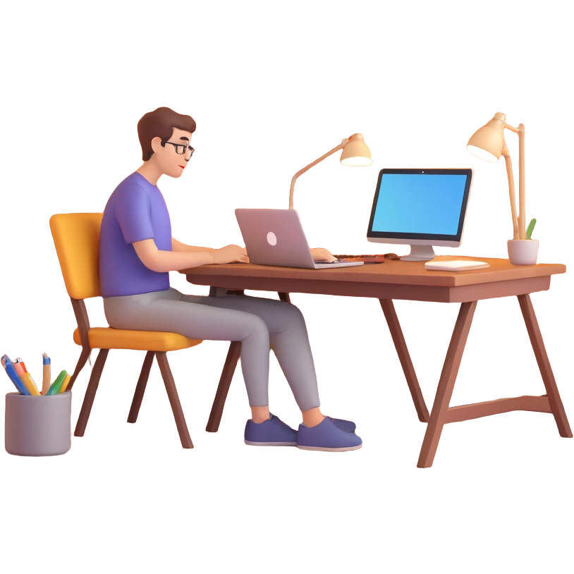 person working from home sitting at a desk with a laptop in a cozy room emoji