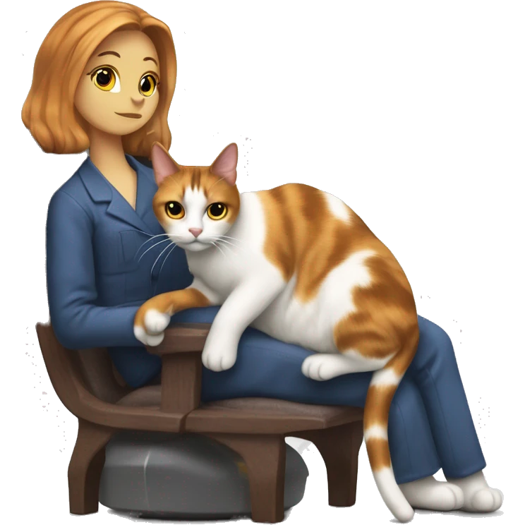 calico cat sittting upright in chair as a human would, its paws are resting on a manicurists arm rest  emoji