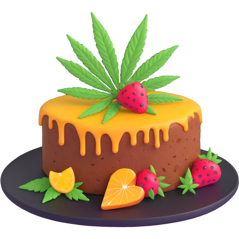 colorful frosted fruit cake with cannabis leaf on a plate emoji