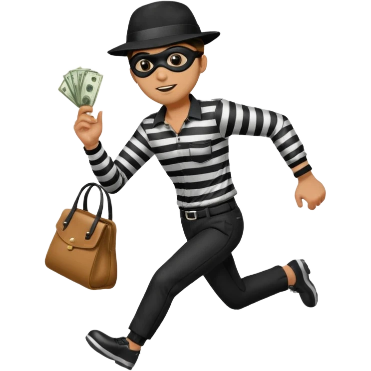 Make a man wear a black pant and he shirt is balck line and white line and wear a black hat and he holding a money bag and he running he wear a black eye thing emoji