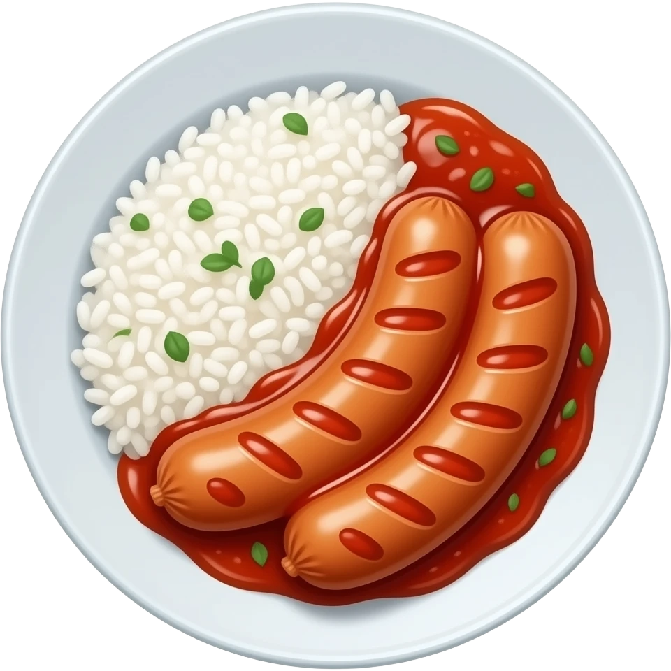 white rice and sausages with tomato sauce on a plate emoji