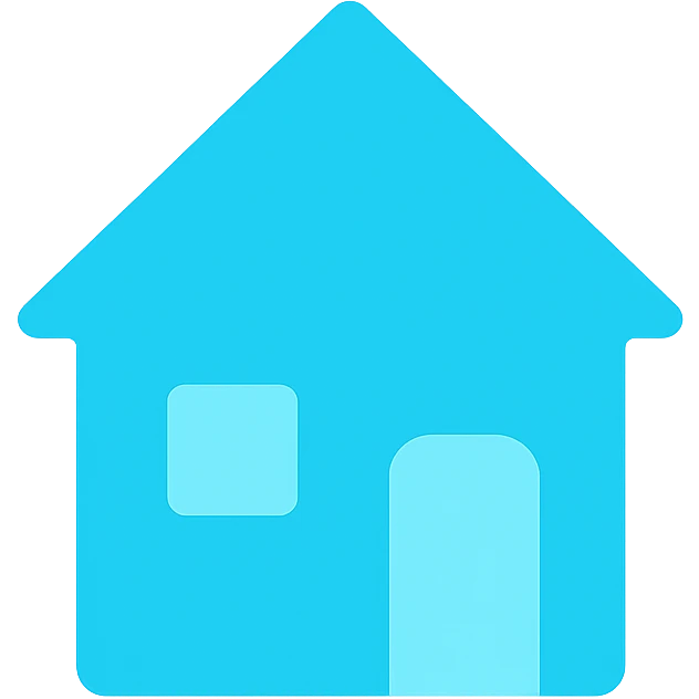 minimalist house emoji with square base, triangle roof, rectangle door, square window, every part filled with #00EEFF emoji