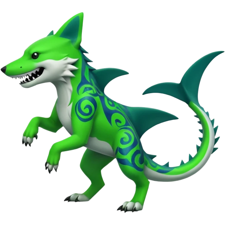 Edgy cool badass Neon-green landhai-sergal-wolf-canine, with a shark tail, with black and dark-green swirly patterns markings emoji