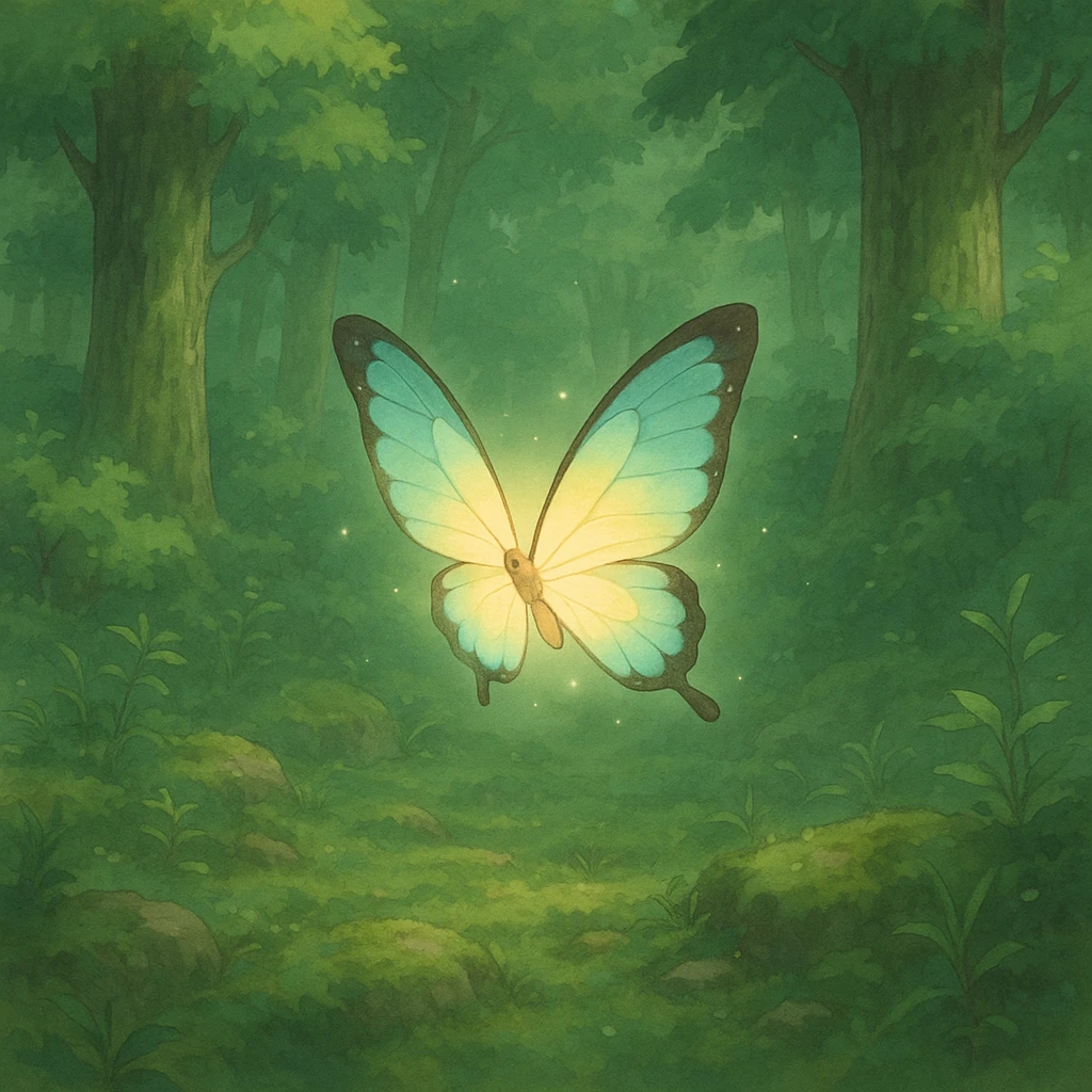 ghibli style butterfly in a lush forest, soft colors, magical atmosphere emoji