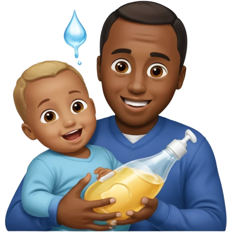 Sean “Diddy” Combs with baby oil and a very small infant and he’s pouring the baby oil on the infant that is laughing with a very exaggerated expression emoji
