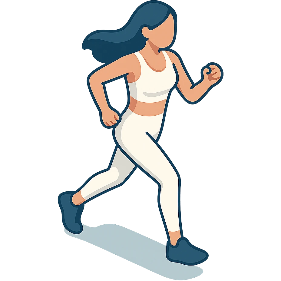 a woman with long dark hair, wearing a white yoga outfit, running in profile side view, 2D isometric illustration style, matching the reference image emoji