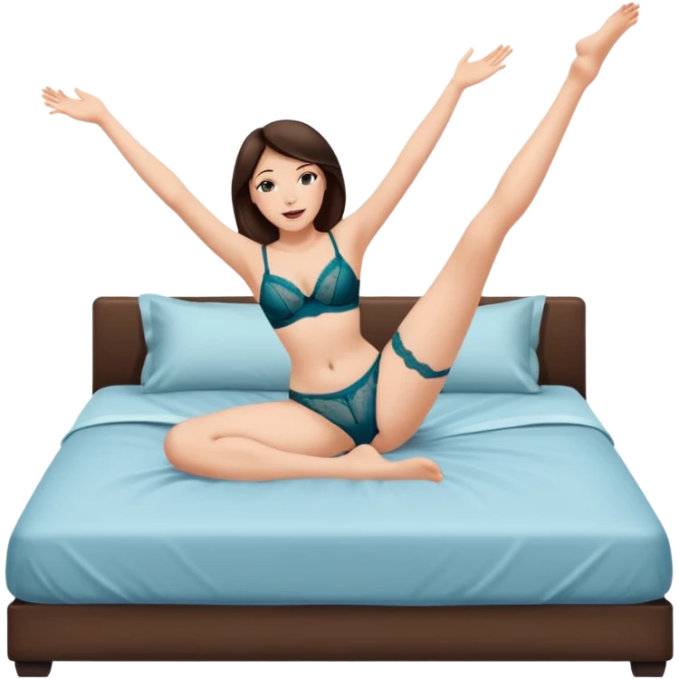 Brunette woman lying on bed with legs spread wide in the air emoji