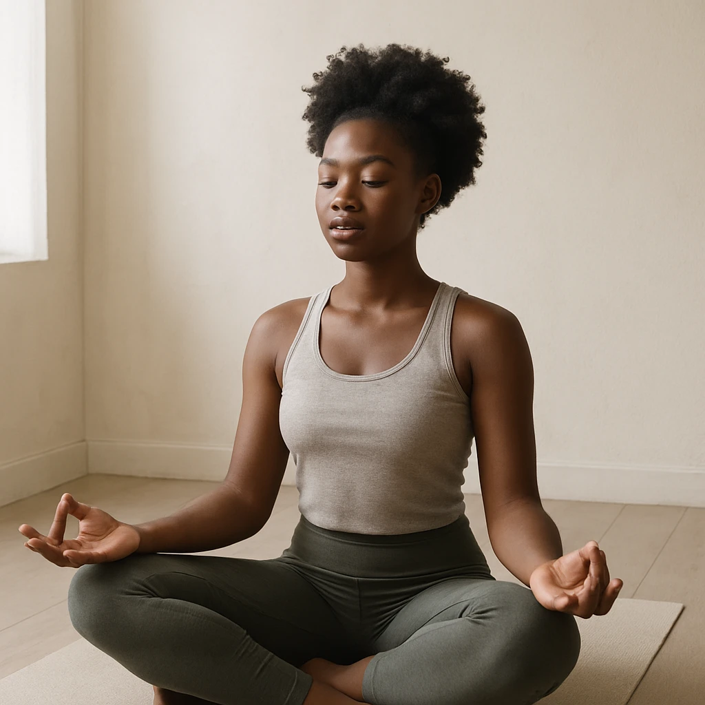 realistic style portrait of a black woman meditating, in a minimalist interior with natural light emoji