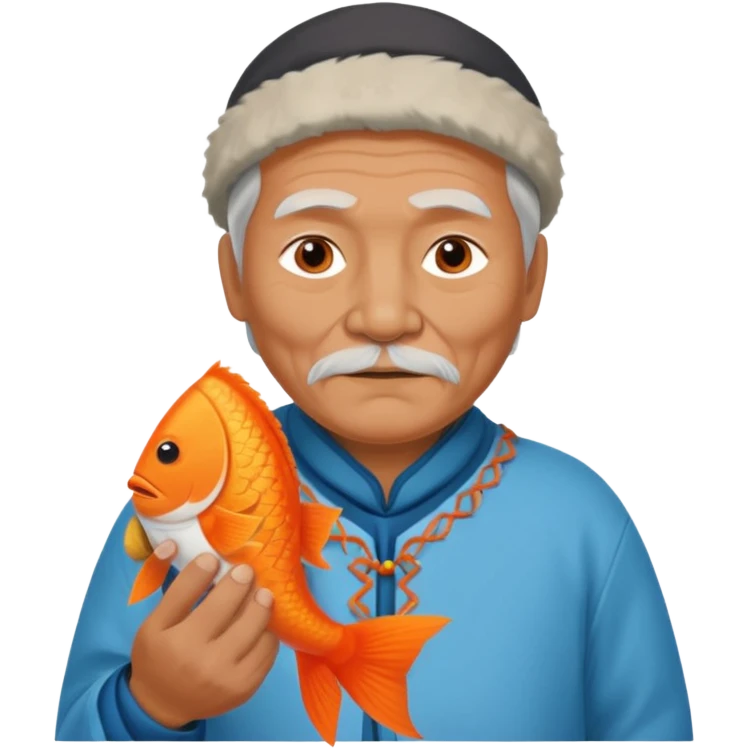 old inuit man with traditional inuit clothes and orange fish emoji