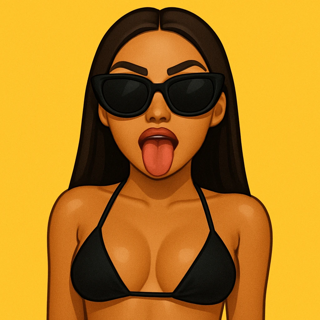 baddie in a bikini, sunglasses, tongue out, emoji emoji