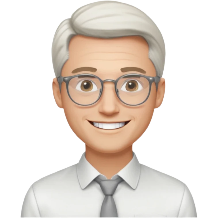 30 yr old pale white man, white/grey side swept stylish hair, round glasses, big smile, white teeth, handsome, longer hair, thin glasses, white dress shirt, smooth forehead, botox, no tie, open collar emoji