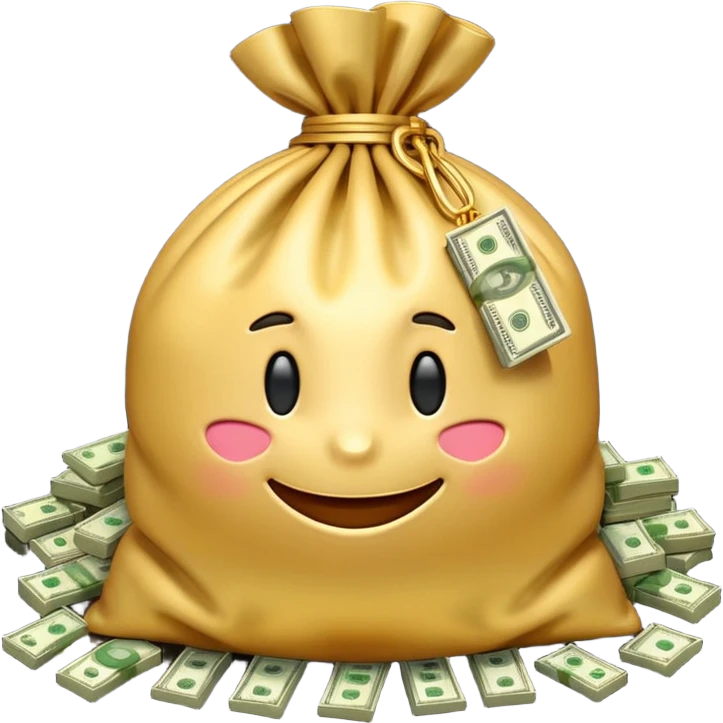 Luxury 3D emoji, overflowing money bag, stacks of cash, premium lighting, rich glossy look, ultra clean, transparent background


 emoji