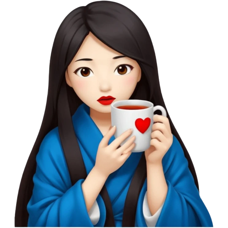 sexy asian japanese girl, red lips, long dark hair, feeling ill, sickness, nose is red due to sickness, fully covered by blanket - even head, holding tea mug in hands emoji