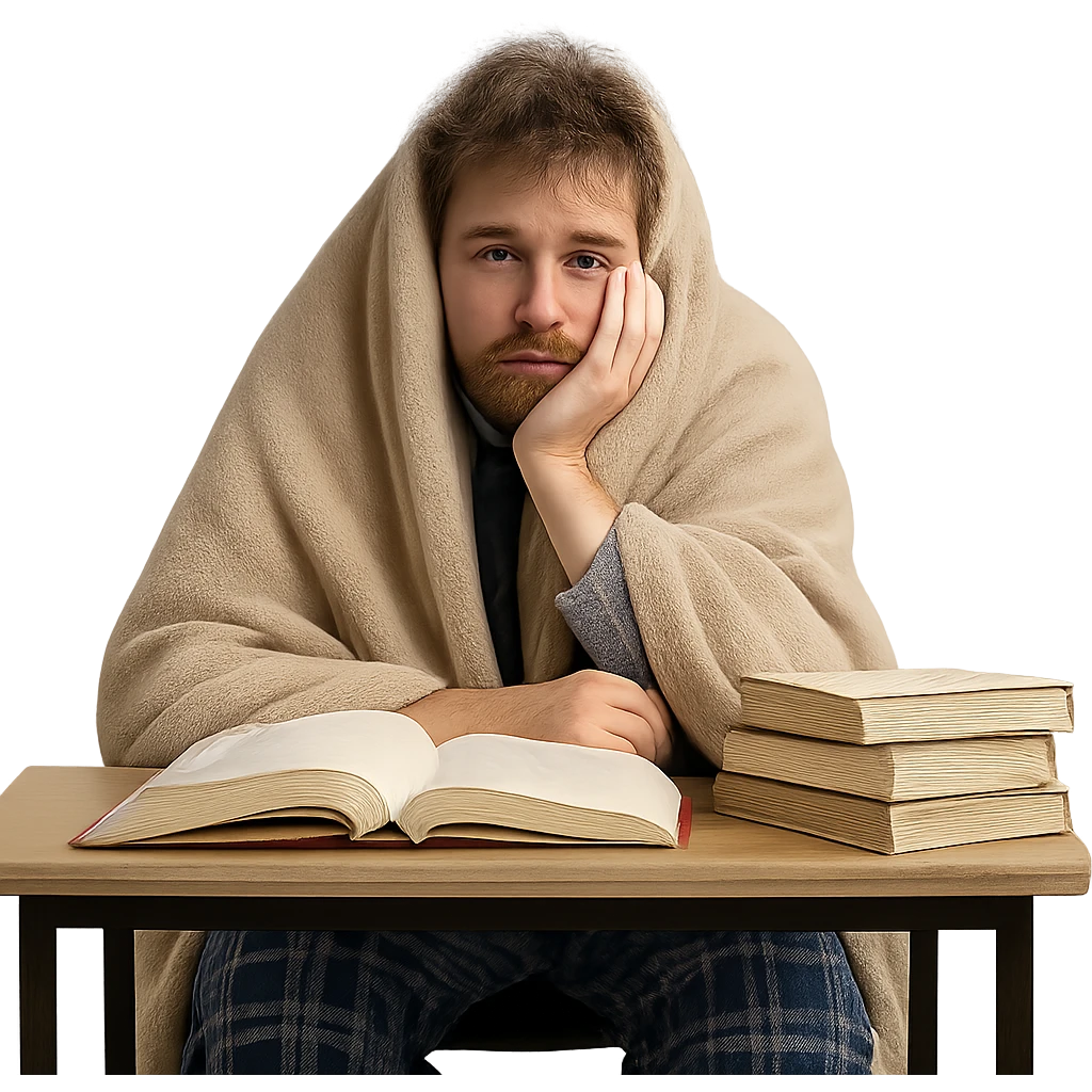 student in pajamas, wrapped in blanket, sitting at desk with textbooks, looking exhausted and hungover emoji