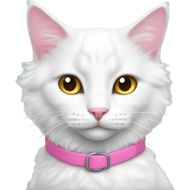 white turkish angora cat with different color eyes and a pink collar  emoji