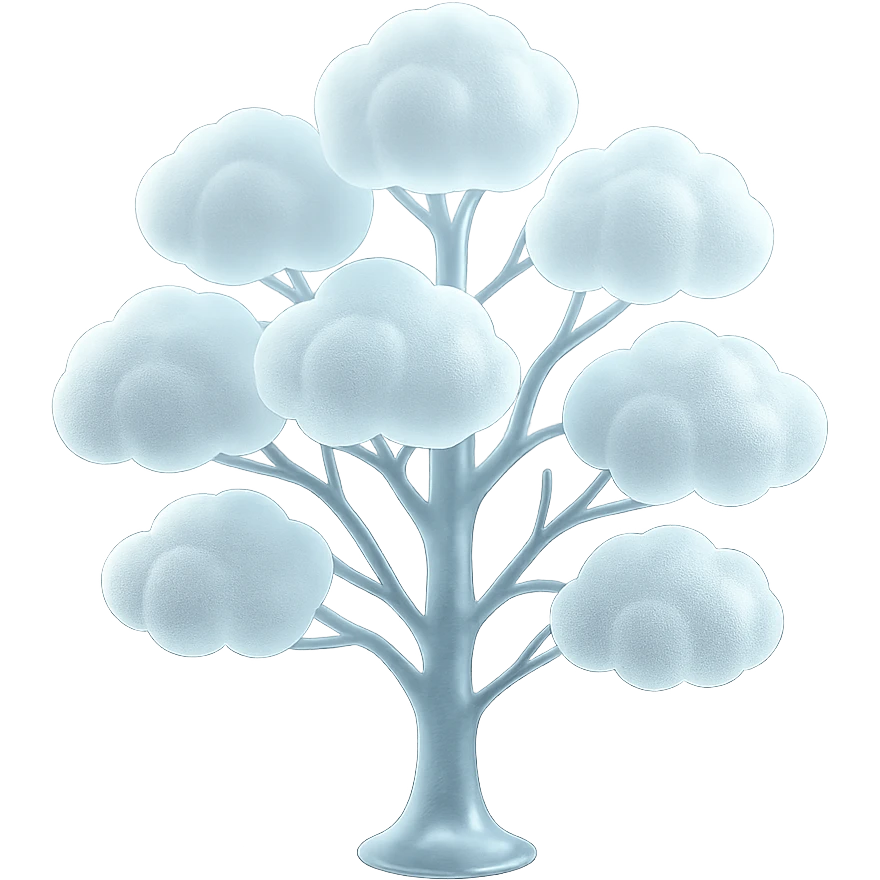 one tree with many branches and a white trunk, crown made of small very bright white fluffy convex clouds, matte glass style emoji