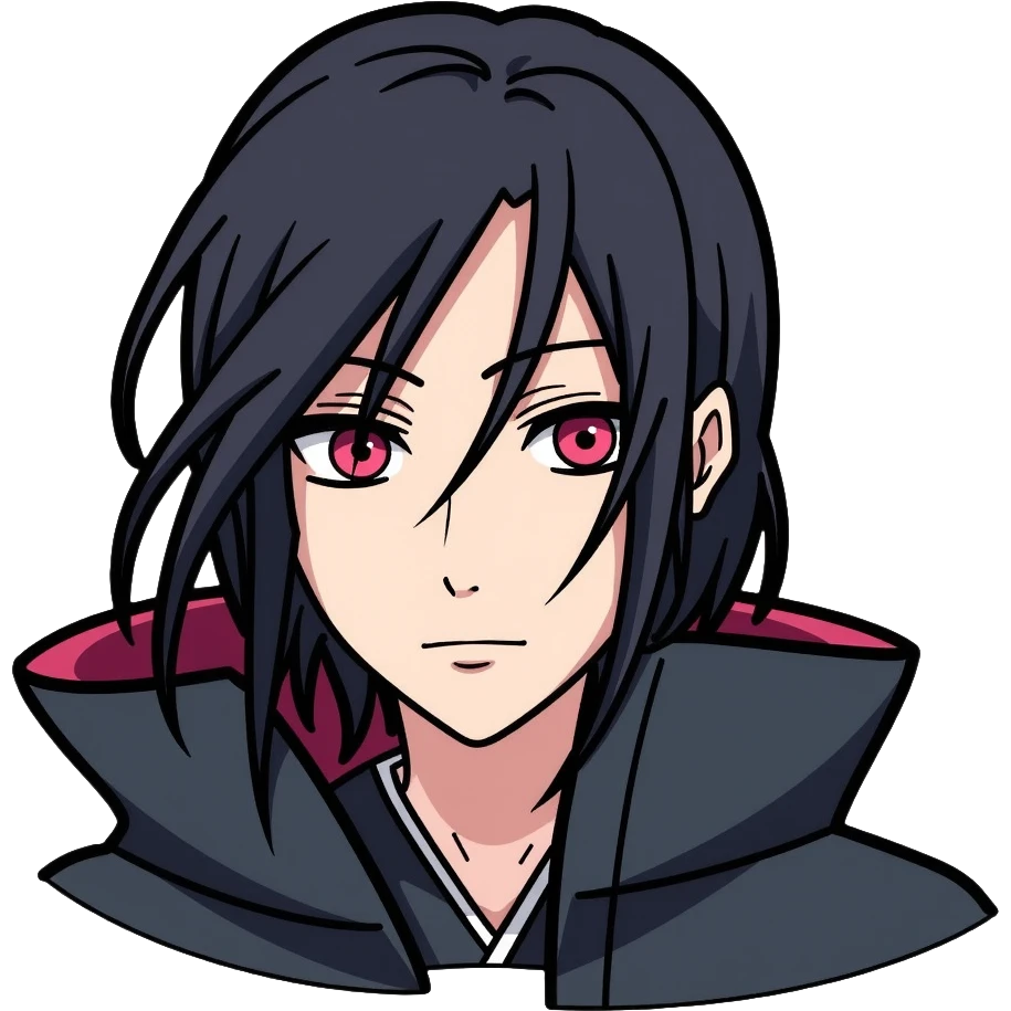 Itachi Uchiha with long black hair, Sharingan eyes, facial lines under his eyes, wearing Akatsuki cloak emoji