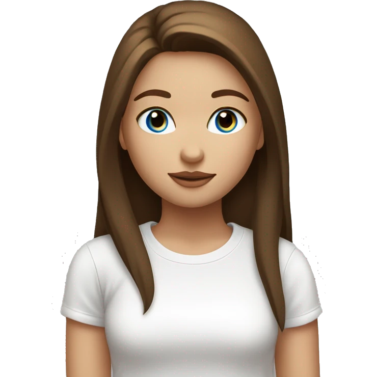 A girl with long straight brown hair and blue eyes and plump lips in a white T-shirt emoji