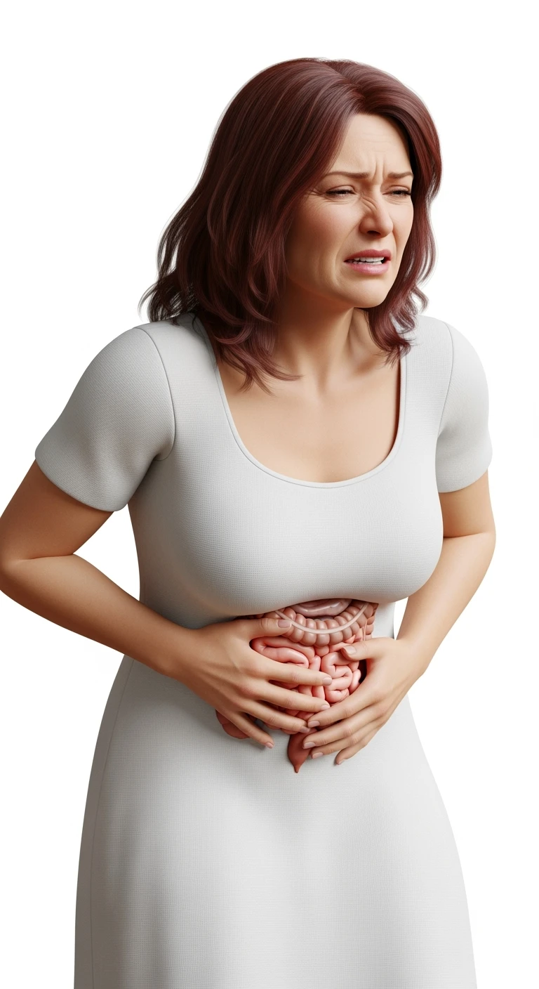 DONNA CHE SI TIENE LA PANCIA DOLORANTE CON INTESTINO VISIBILE, ESPRESSIONE DI DOLORE IN VOLTO, iperrealistico 4k, ISOLATA SU SFONDO BIANCO emoji