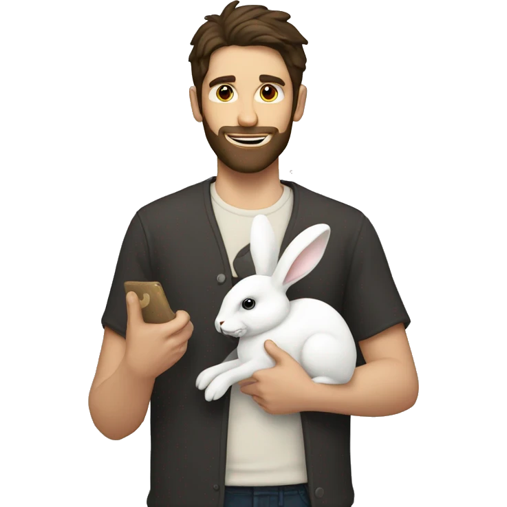 Brunette guy with a beard holds a white rabbit  emoji