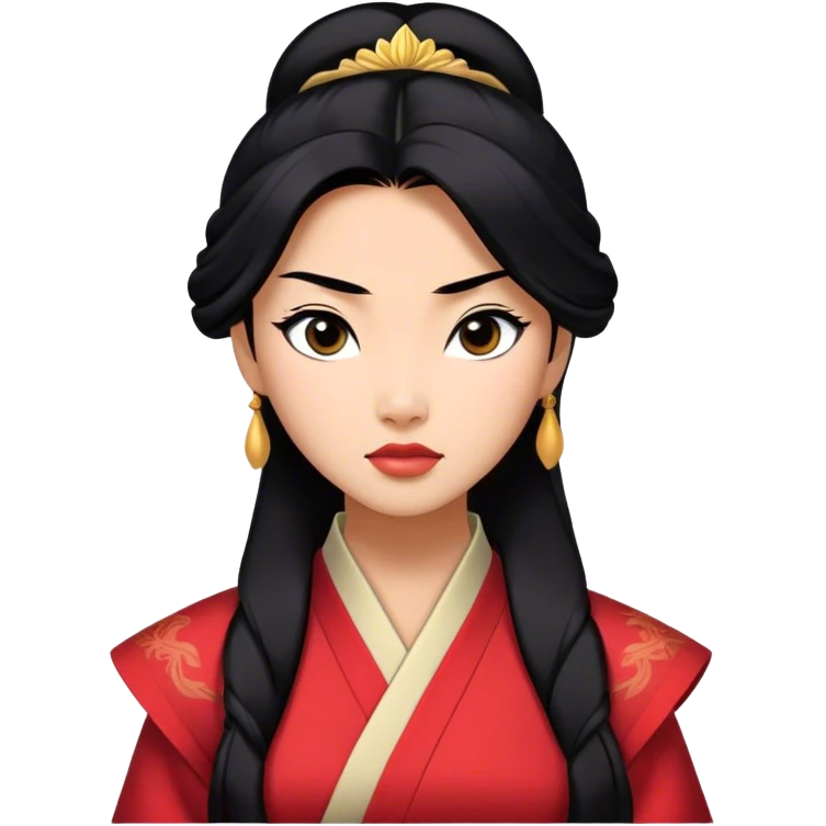 Cinematic Realistic Mulan Portrait, depicted with lifelike skin texture, soft natural lighting, and intricately detailed long black hair styled elegantly. Her deep, expressive eyes exude determination and grace, complemented by a serene yet confident expression. She is dressed in her classic attire, with rich fabric textures and delicate folds that catch the light beautifully. The portrait features a soft, enchanting glow with a natural, radiant finish, capturing the essence of timeless strength and beauty in a realistic and painterly style, evoking a sense of depth and authenticity. emoji