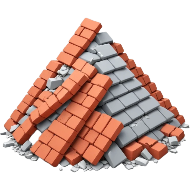 3D iPhone style emoji of a pile of bricks, roof pieces, and wall rubble, scattered and broken, isolated on white background, soft shadows, high detail, playful and cute emoji