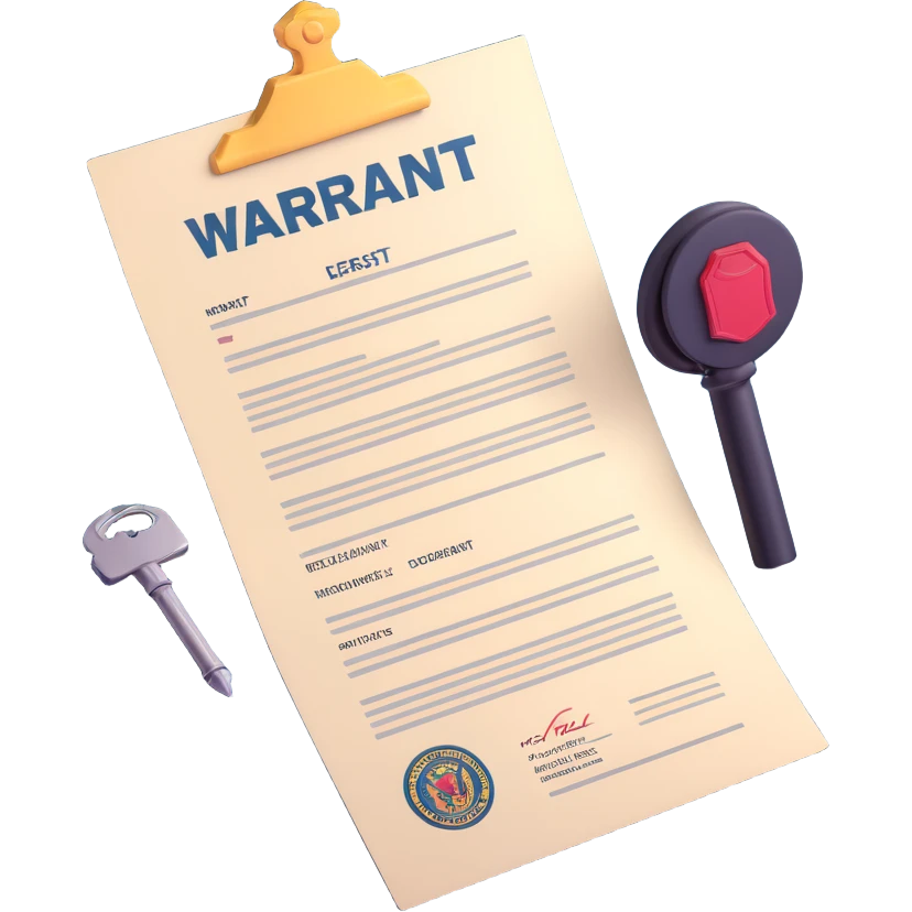 Make the paper of the 3D arrest warrant document icon more white, keeping the large 'WARRANT' at the top, body text, signature, and official stamp at the bottom. Maintain the 3D, icon style with bright lighting and transparent background. emoji