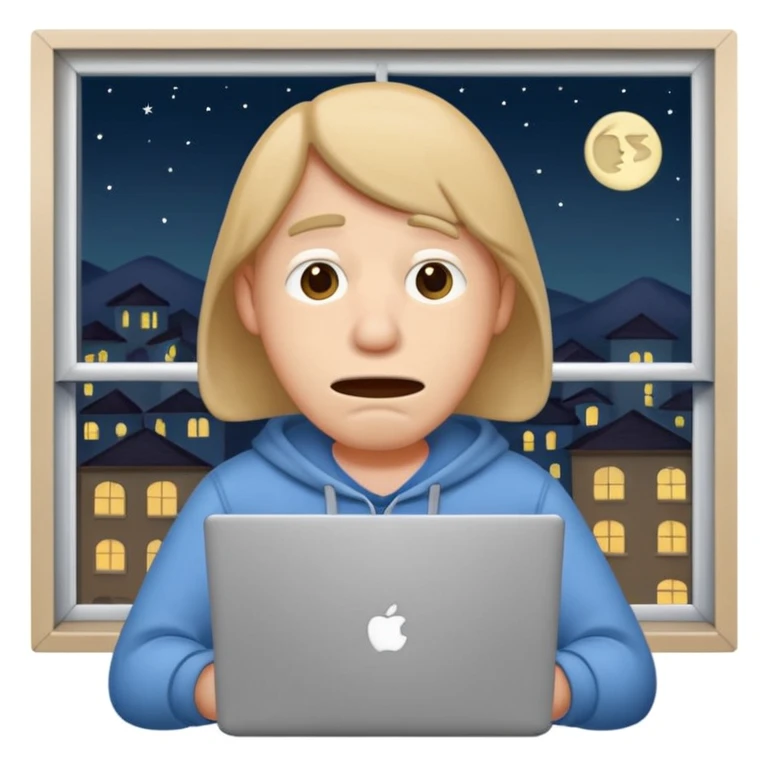 tired student with laptop, window at night behind, droopy mouth emoji
