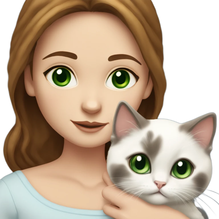 white woman with medium-length brown hair, green eyes and freckles on her nose, holding her birman kitten in her arms with much love, the baby cat has a lot of spots of dark on ears and middle of the face and blue eyes. emoji