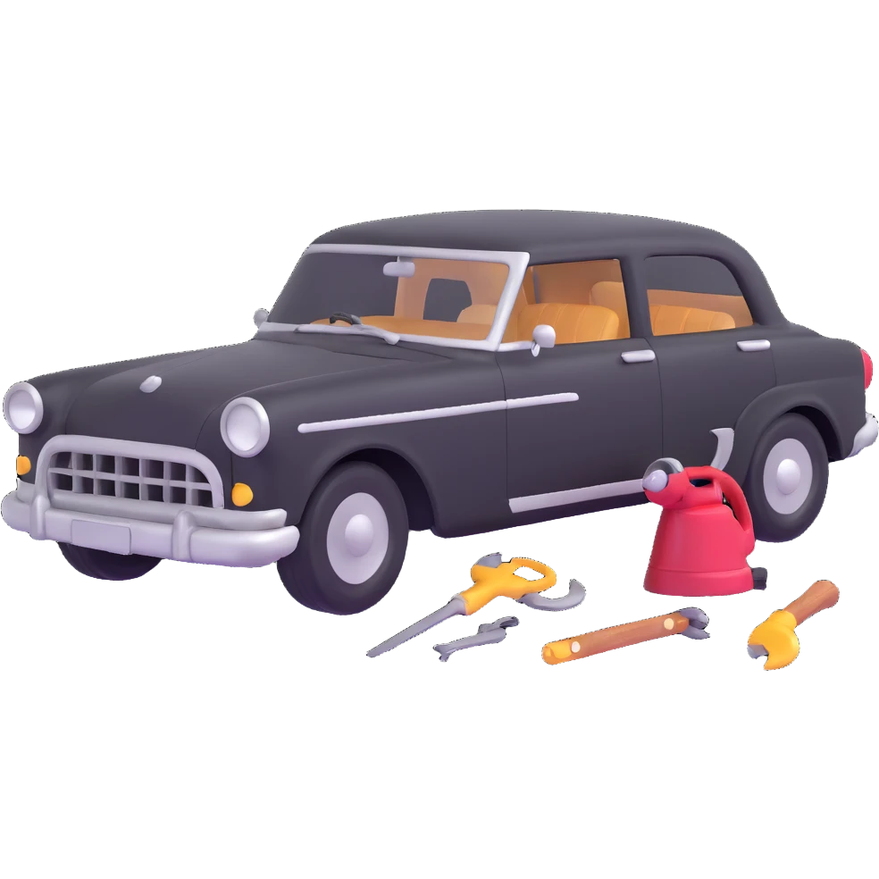 elegant car with a visible dent and dent repair tools like a lever and small hammer for Paintless Dent Repair (PDR) emoji