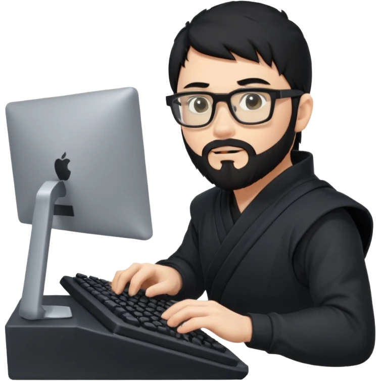 Man with black hair and beard wearing glasses in a ninja costume typing on a computer keyboard emoji