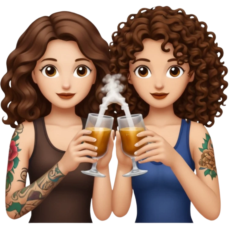 vial cheers — long wavy brown hair tattooed woman and short tight curly brown hair woman — clink potions emoji