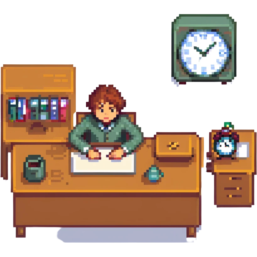 character at a desk looking at a clock, dreaming of the weekend emoji