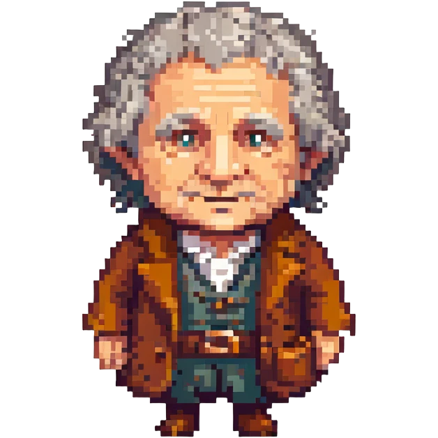 Whole body image of bilbo baggins from the lord of the rings the fellowship of the ring movie in pixel art style. Bilbo is old. Make Bilbo look like the actor that portrayed him in the movie, Ian Holm. emoji