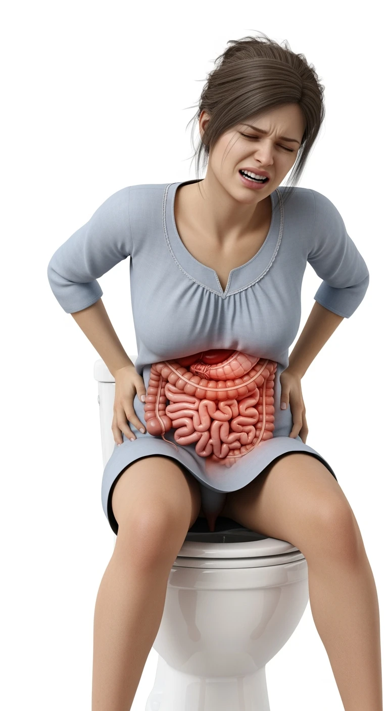 DONNA CON MAL DI PANCIA SEDUTA SUL WC MENTRE SI SFORZA, INTESTINO UMANO ANATOMICO IN EVIDENZA, IPERREALISTICA 4K, SFONDO BIANCO emoji