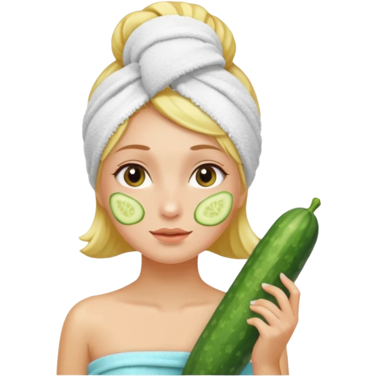 A girl with a spa towel in her hair and a cucumber on her face emoji
