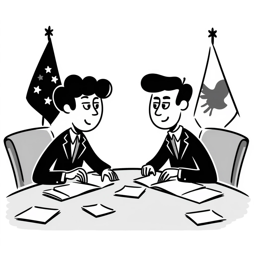 A diplomat negotiating at a conference table with documents and a flag emoji
