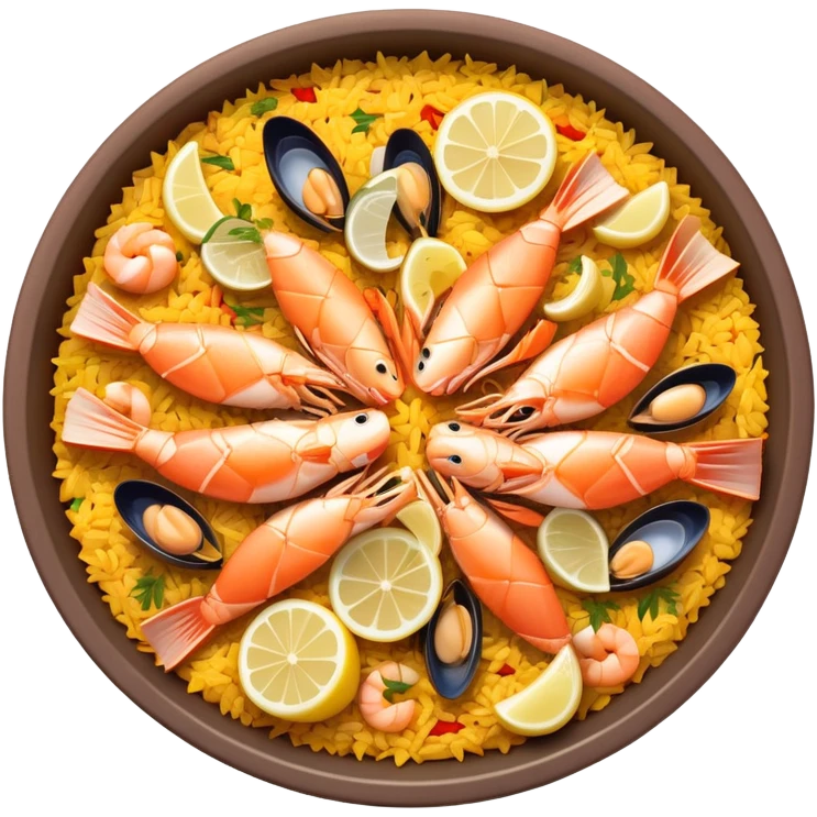 cinematic-realistic-paella-dish-emoji,-depicted-as-a-vibrant,-aromatic-rice-dish-loaded-with-seafood,-chicken,-and-saffron-rendered-with-rich-textures-and-dynamic,-warm-lighting with a lemon slice in the middle emoji