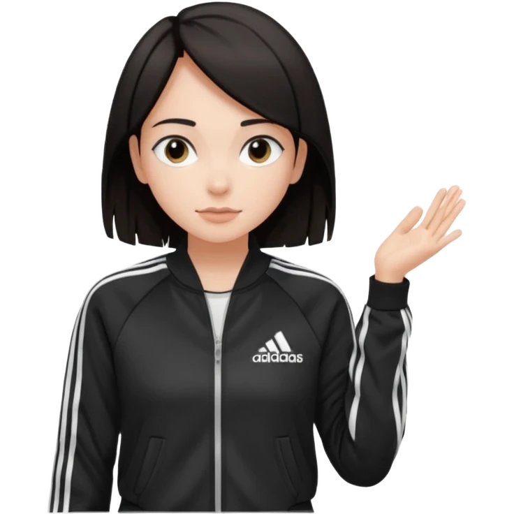 A girl with  medium-length, dark hair, fair skin. The style is a soft, layered cut that falls around her shoulders. wore black Adidas track jacket with white stripes on the sleeves. It has a full zipper down the front, a stand-up collar, and the Adidas logo on the right chest emoji emoji